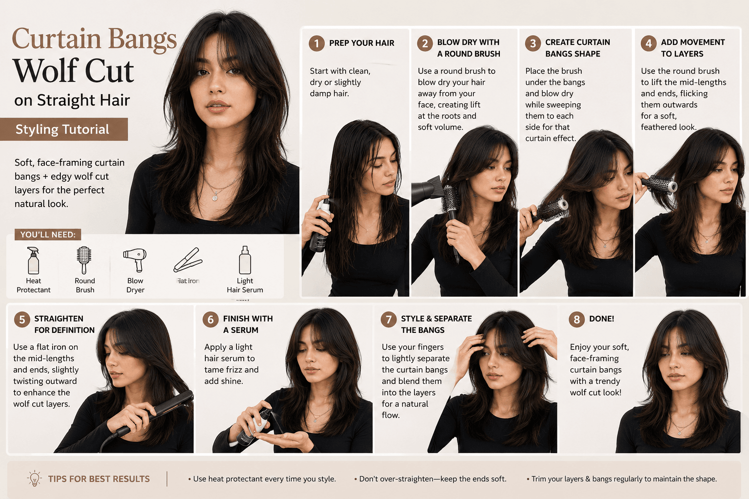 Straight Hair Wolf Cut Styles with curtain bangs
